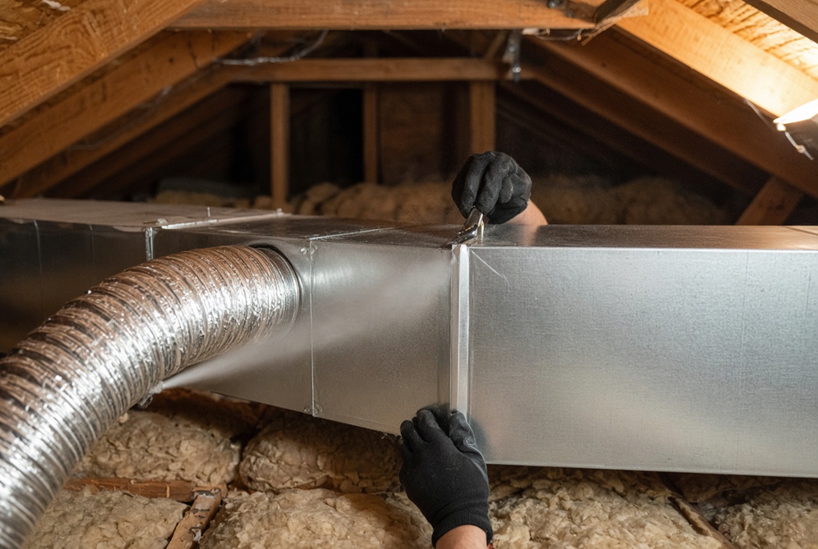 Technician sealing attic ductwork in a San Jose home